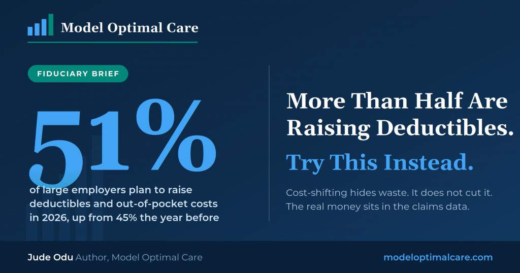 Model Optimal Care Fiduciary Brief: 51% of large employers plan to raise deductibles and out-of-pocket costs in 2026, up from 45% the year before. More Than Half Are Raising Deductibles. Try This Instead. Cost-shifting hides waste. It does not cut it. The real money sits in the claims data